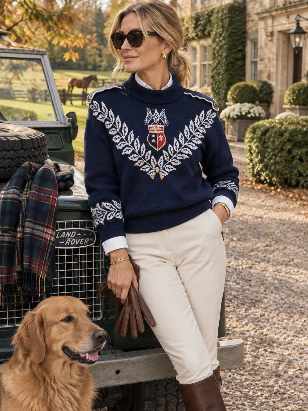 VINTAGE ST. JOHN BY MARIE GRAY Navy Crested Heritage Military Sweater, M